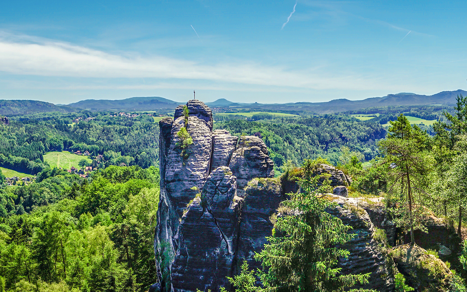 Rock formations and lush forest in Elbe Sandstone Mountains, Germany.
