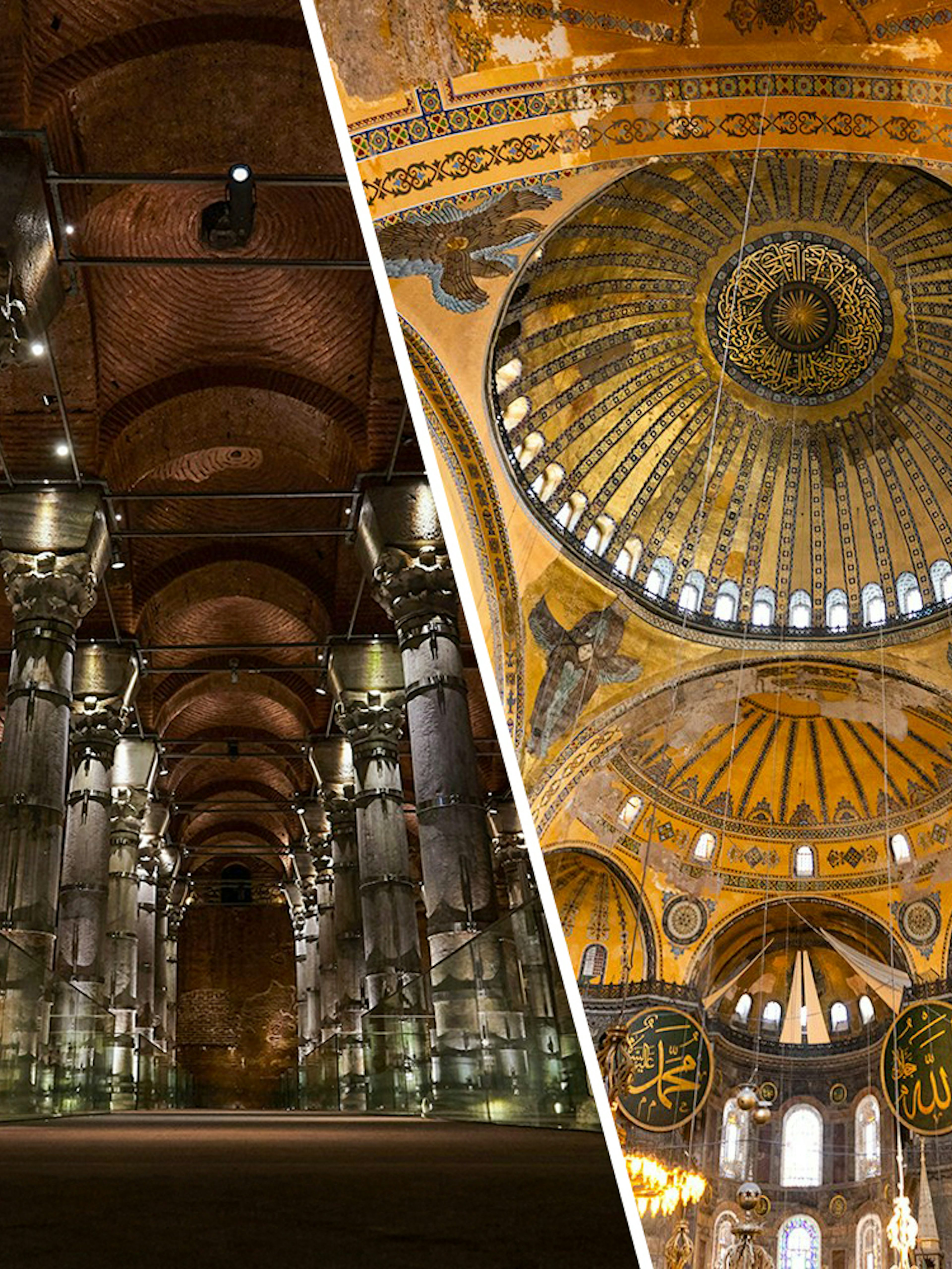 Theodosius Cistern columns and Hagia Sophia dome in Istanbul.