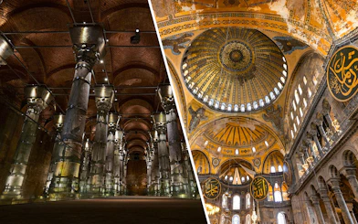 Theodosius Cistern columns and Hagia Sophia dome in Istanbul.