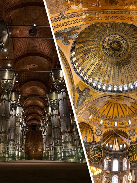 Theodosius Cistern columns and Hagia Sophia dome in Istanbul.