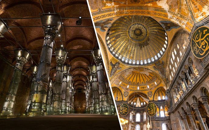 Theodosius Cistern columns and Hagia Sophia dome in Istanbul.