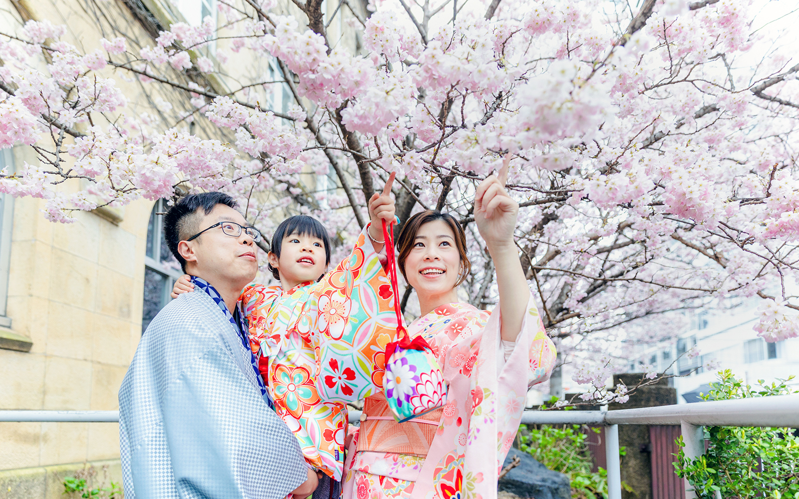 Family in kimonos under cherry blossoms in Japan.