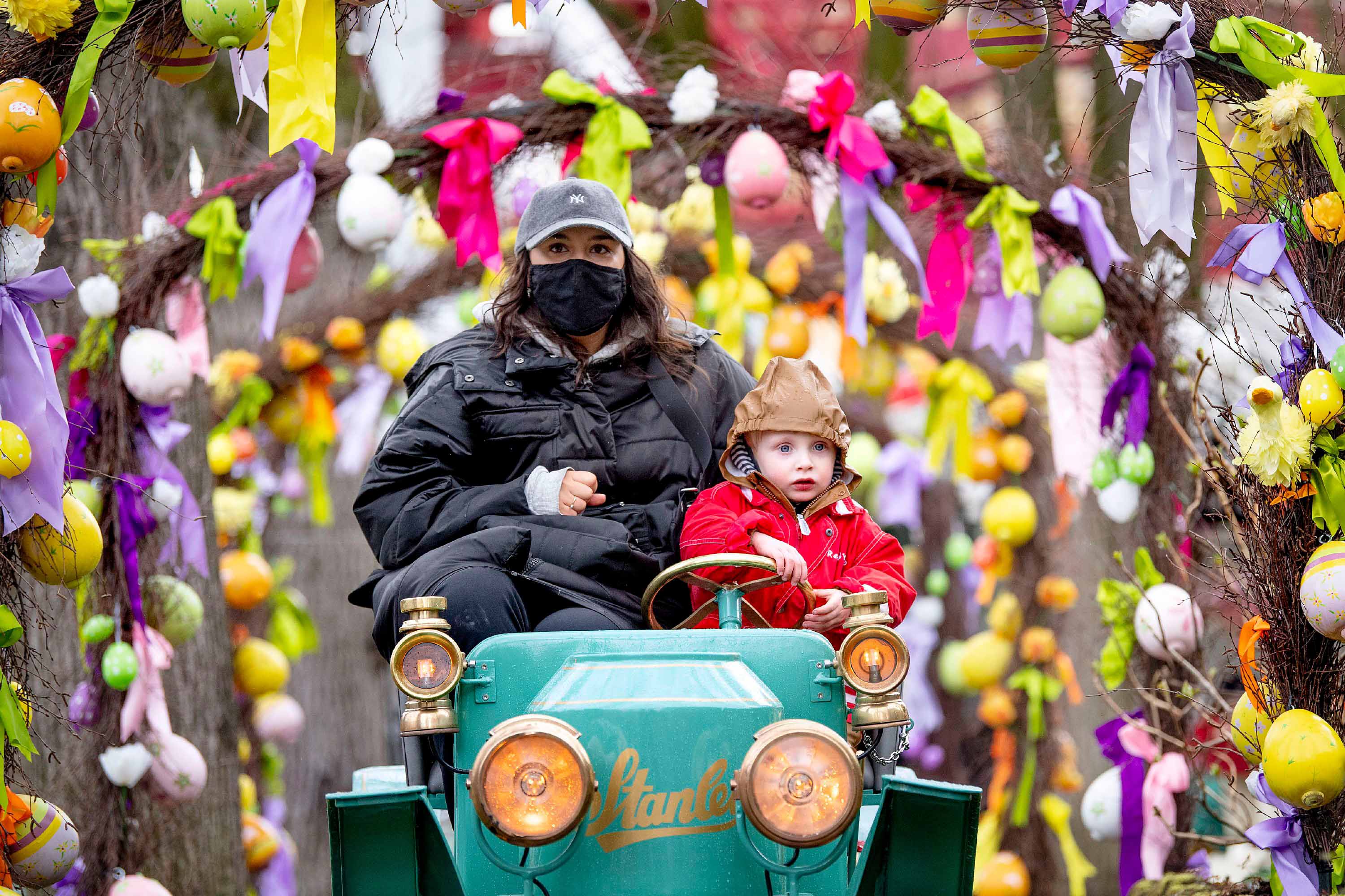 Tivoli Gardens entrance with colorful Easter decorations in Copenhagen, Denmark.