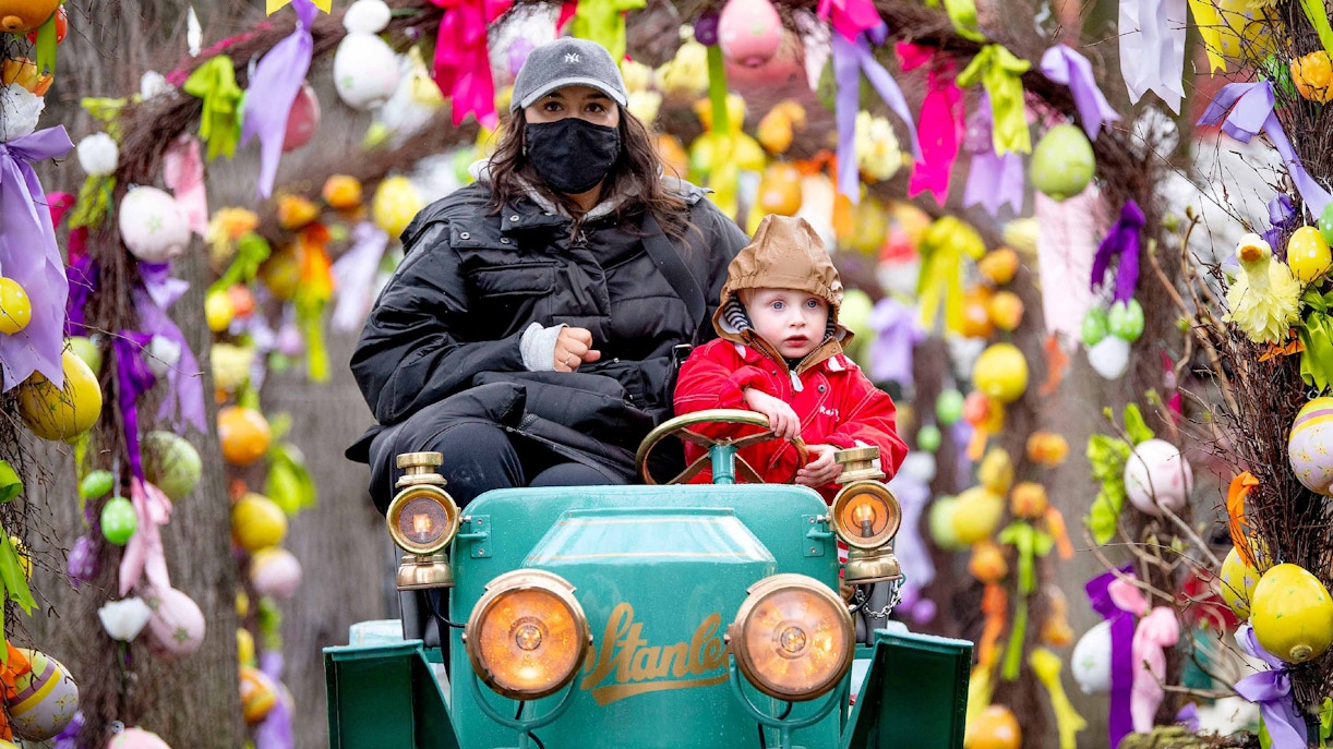 Tivoli Gardens entrance with colorful Easter decorations in Copenhagen, Denmark.