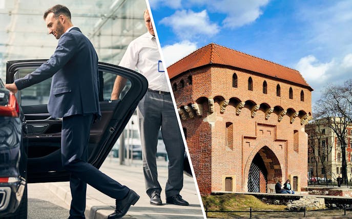 Krakow airport transfer service and historic city gate.
