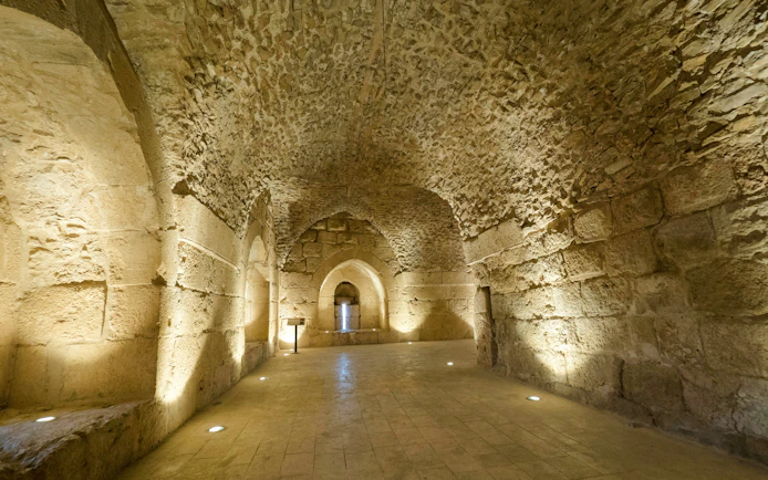 Interior stone corridor of Castillo De Ajlun, Jordan, Middle East, Asia.