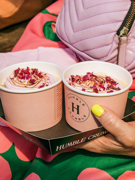 Humble Crumble desserts with rose petals on Brick Lane food tour, London.