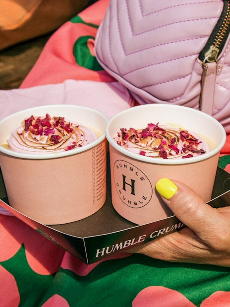 Humble Crumble desserts with rose petals on Brick Lane food tour, London.