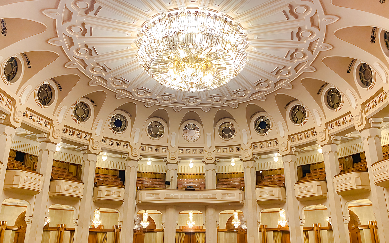 Chandelier in the grand hall of the Palace of Parliament, Bucharest.