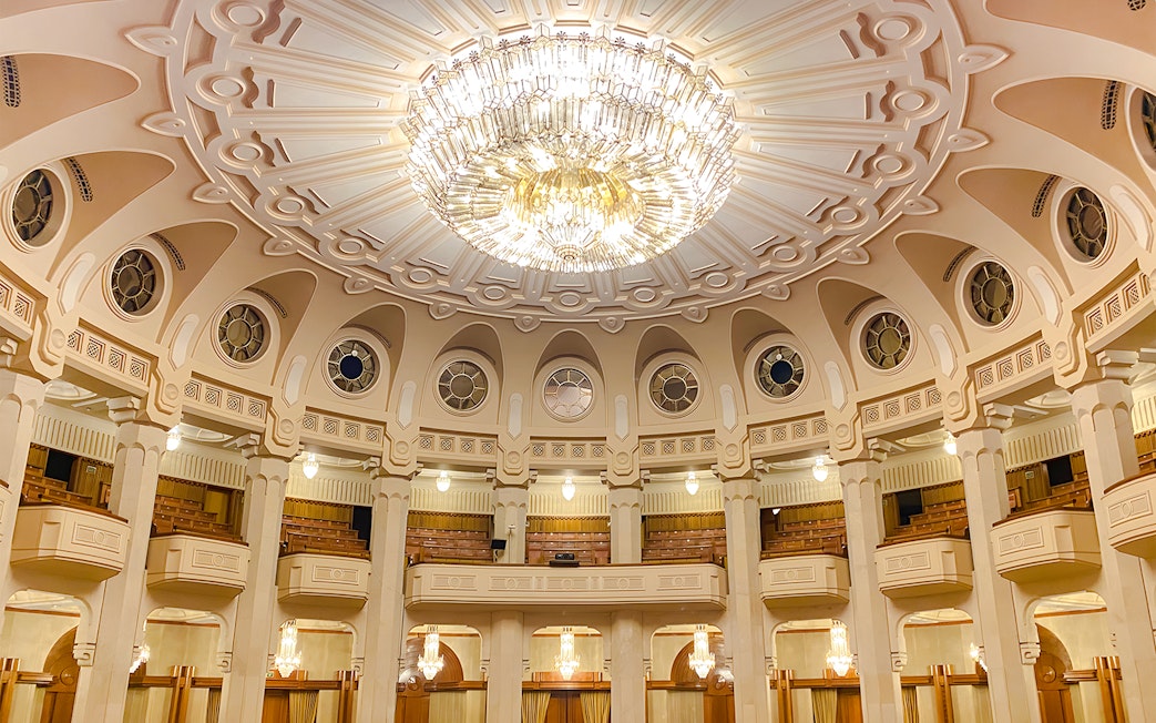 Chandelier in the grand hall of the Palace of Parliament, Bucharest.