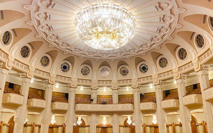 Chandelier in the grand hall of the Palace of Parliament, Bucharest.