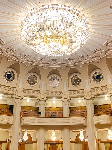 Chandelier in the grand hall of the Palace of Parliament, Bucharest.