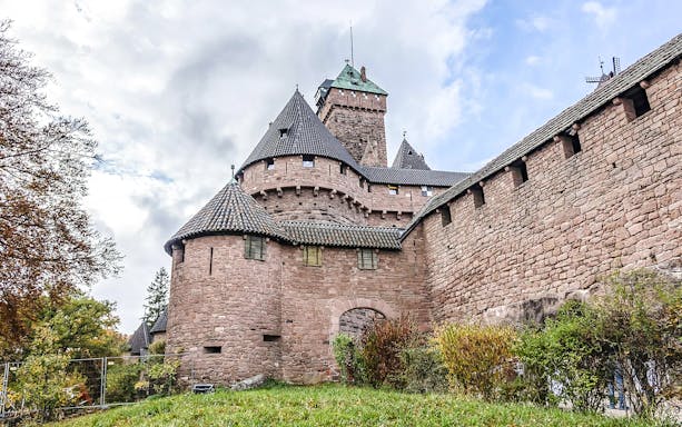 Medieval castle of Haut Koenigsbourg with stone walls and towers, Alsace, France.