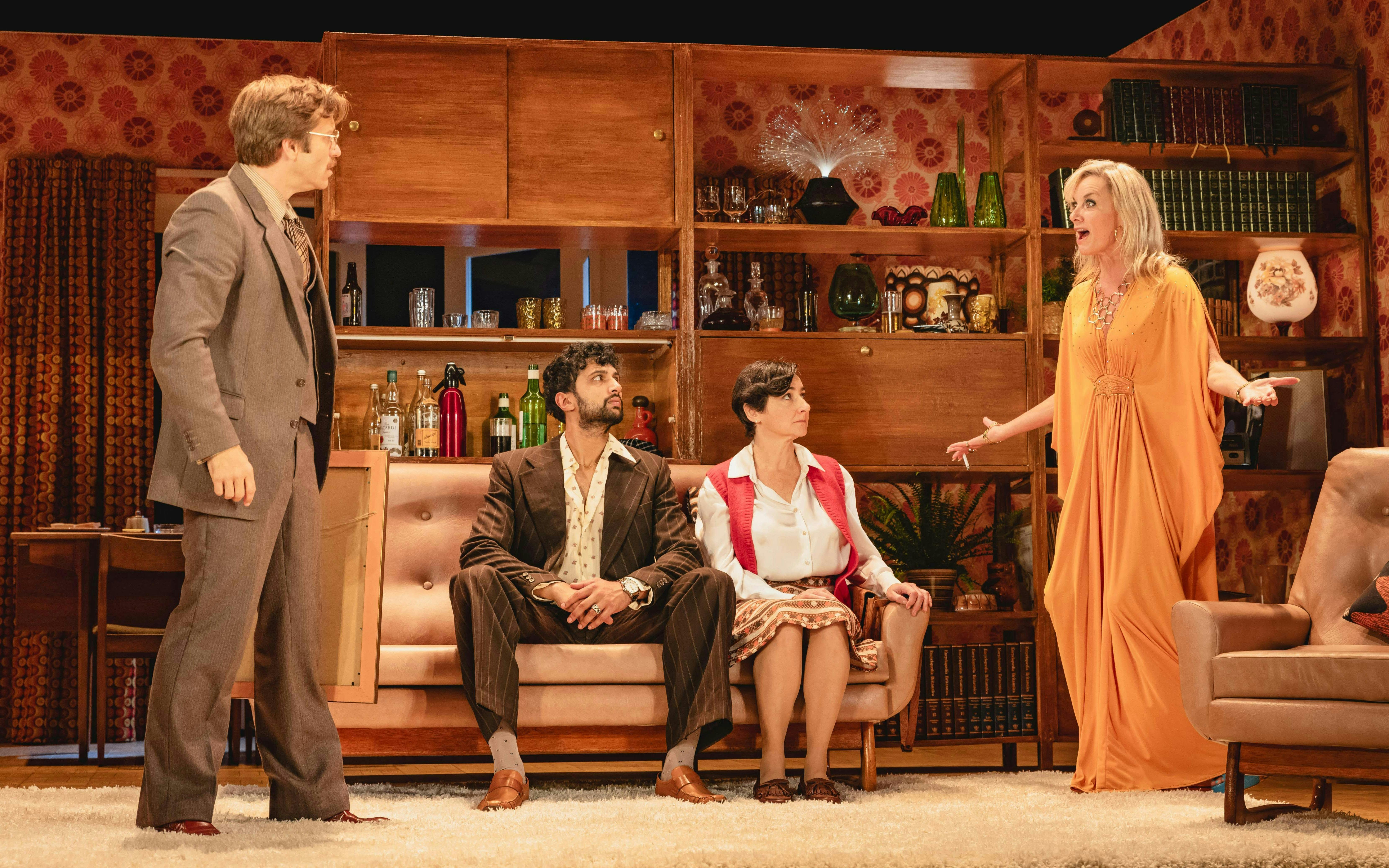 Stage scene from Abigail's Party in Westend with actors in a 1970s living room setting.