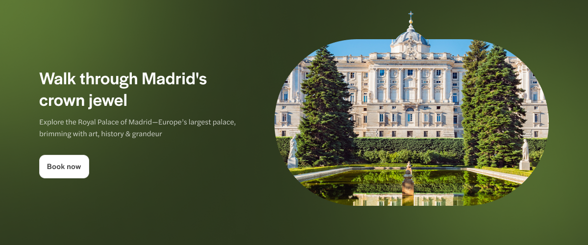 Royal Palace of Madrid with garden and reflecting pool in foreground.
