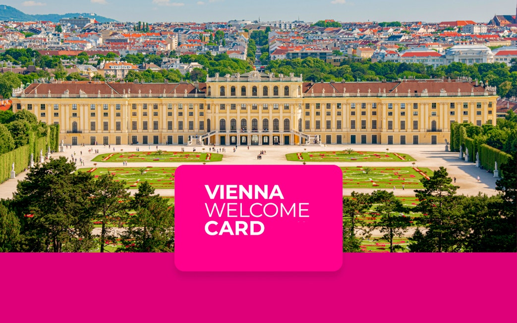Schönbrunn Palace gardens in Vienna with Vienna Welcome Card overlay.