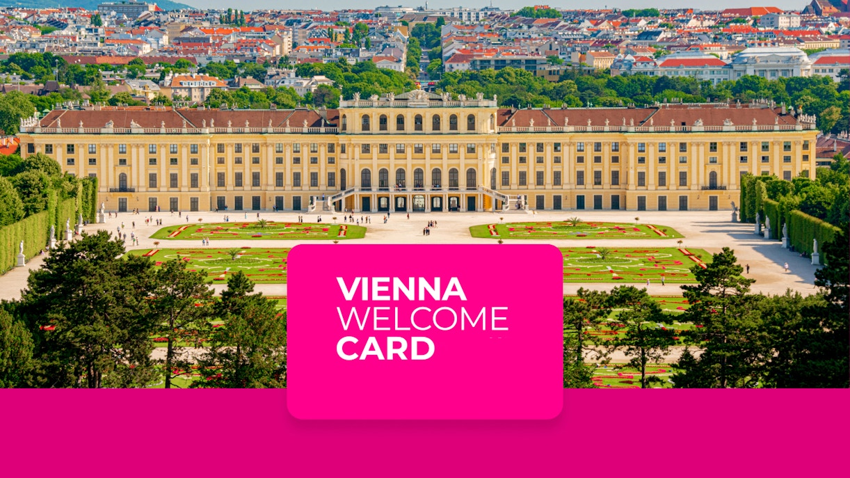 Schönbrunn Palace gardens in Vienna with Vienna Welcome Card overlay.