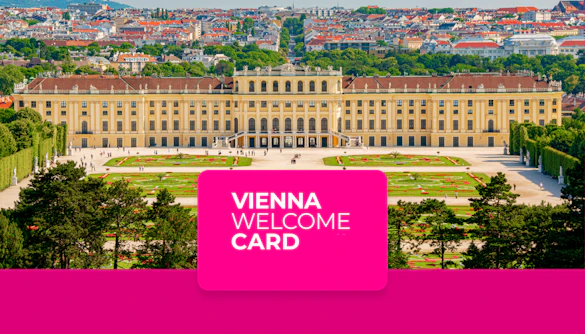 Schönbrunn Palace gardens in Vienna with Vienna Welcome Card overlay.