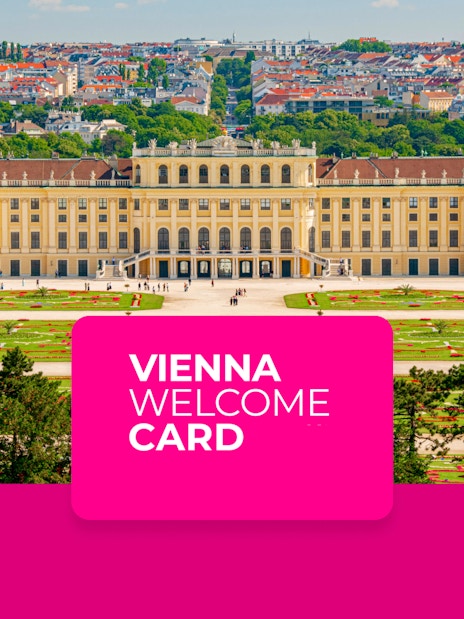 Schönbrunn Palace gardens in Vienna with Vienna Welcome Card overlay.