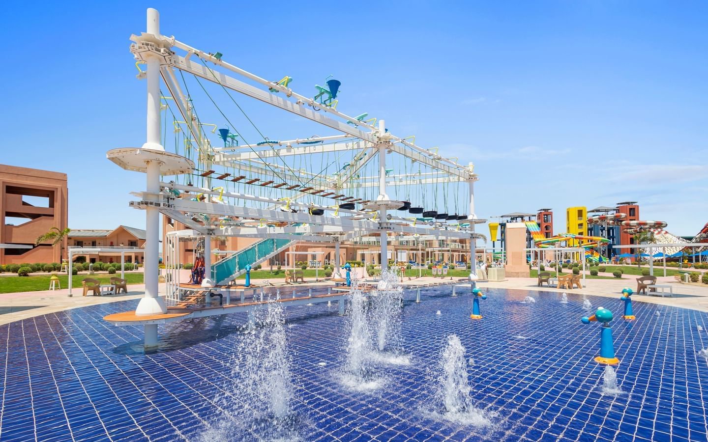 Rope course and fountains at Neverland Waterpark, Pickalbatros, Hurghada.