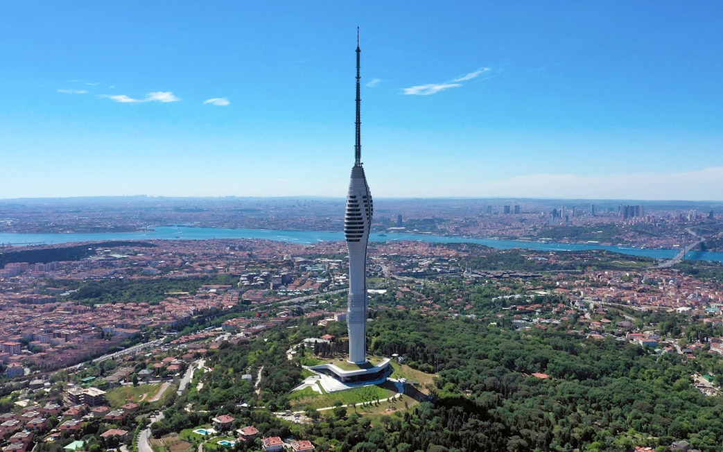 Çamlıca Tower overlooking Istanbul with Bosphorus in the background.