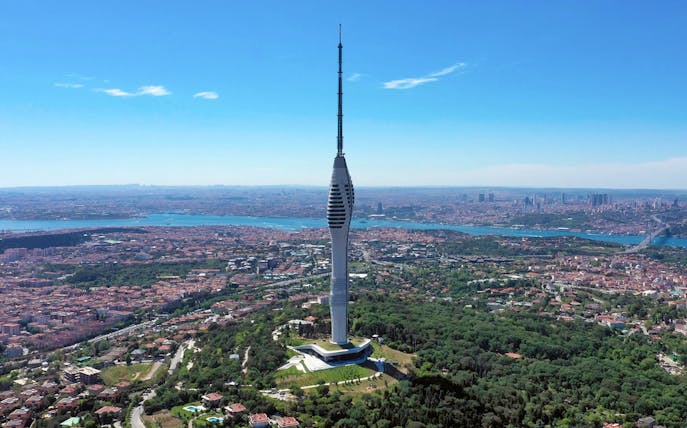 Çamlıca Tower overlooking Istanbul with Bosphorus in the background.