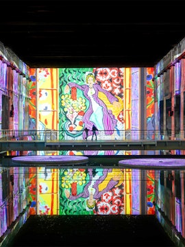 Matisse artwork projected at Bassins Des Lumieres exhibition, vibrant colors reflecting on water.