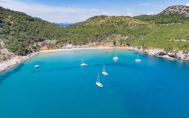 Sailboats anchored in a bay surrounded by lush hills on a Dubrovnik island-hopping cruise in the Elaphites.