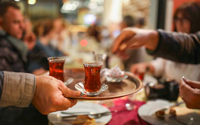 Turkish tea served on a tray during Istanbul Mosques & Palaces Tour.