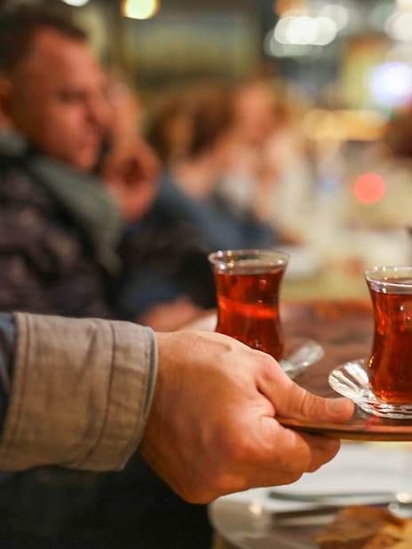 Turkish tea served on a tray during Istanbul Mosques & Palaces Tour.