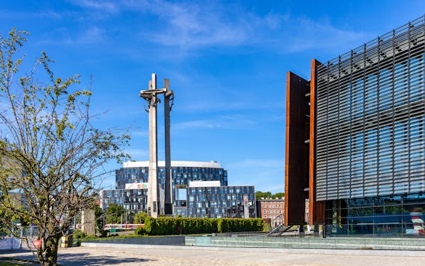 Monument to the Fallen Shipyard Workers and European Solidarity Center in Gdansk, Poland.