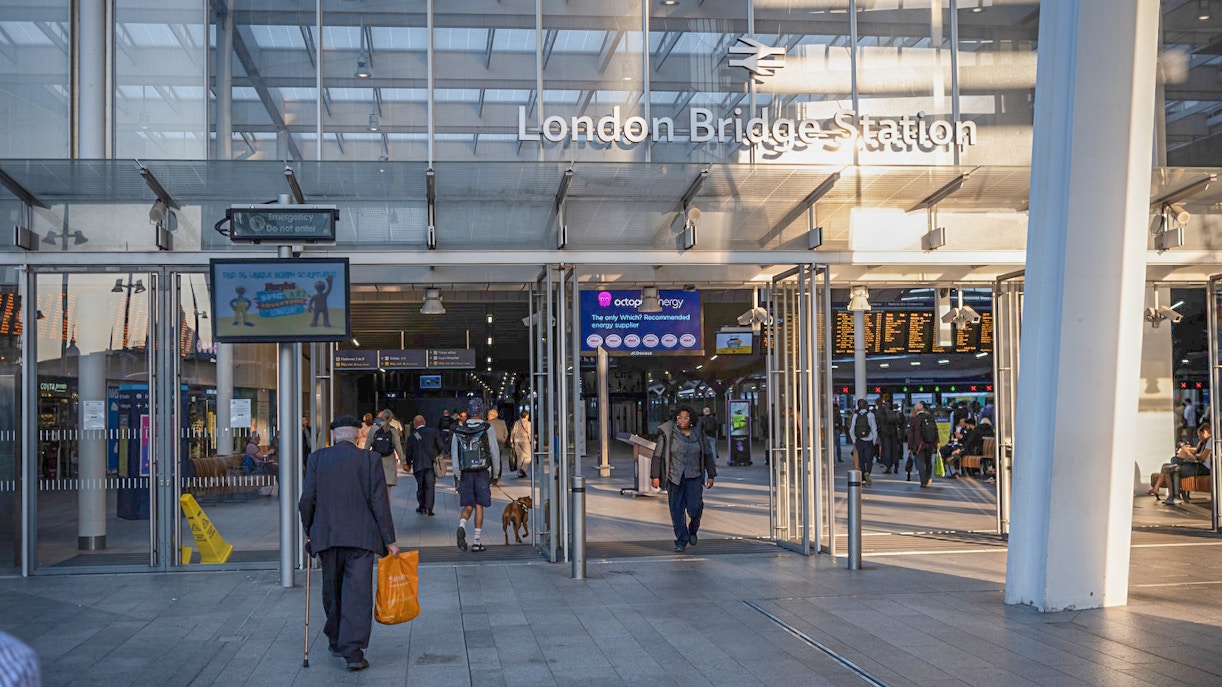 London Bridge Station entrance with people entering and exiting.