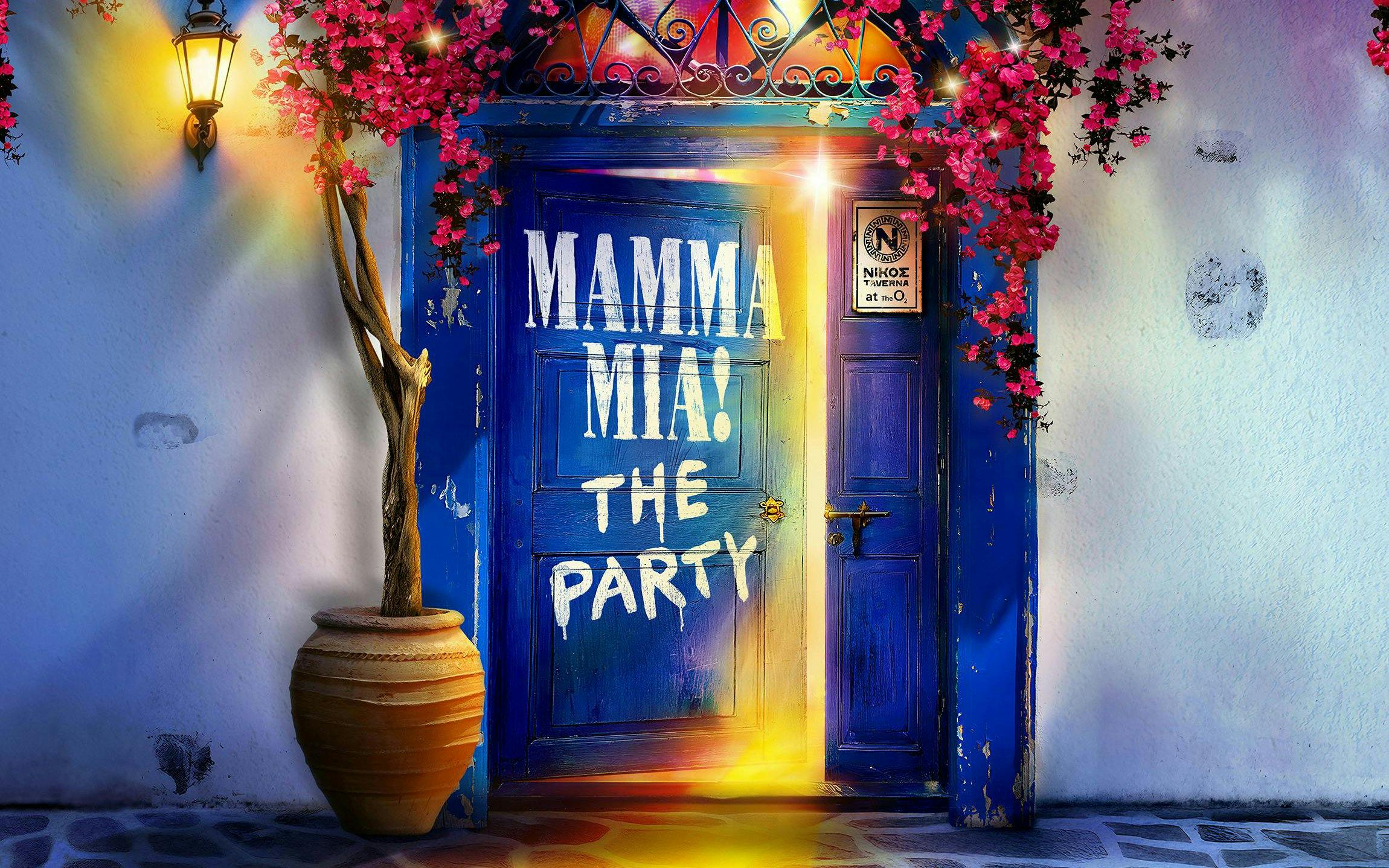 Blue door with "Mamma Mia! The Party" text, adorned with pink flowers, Westend.