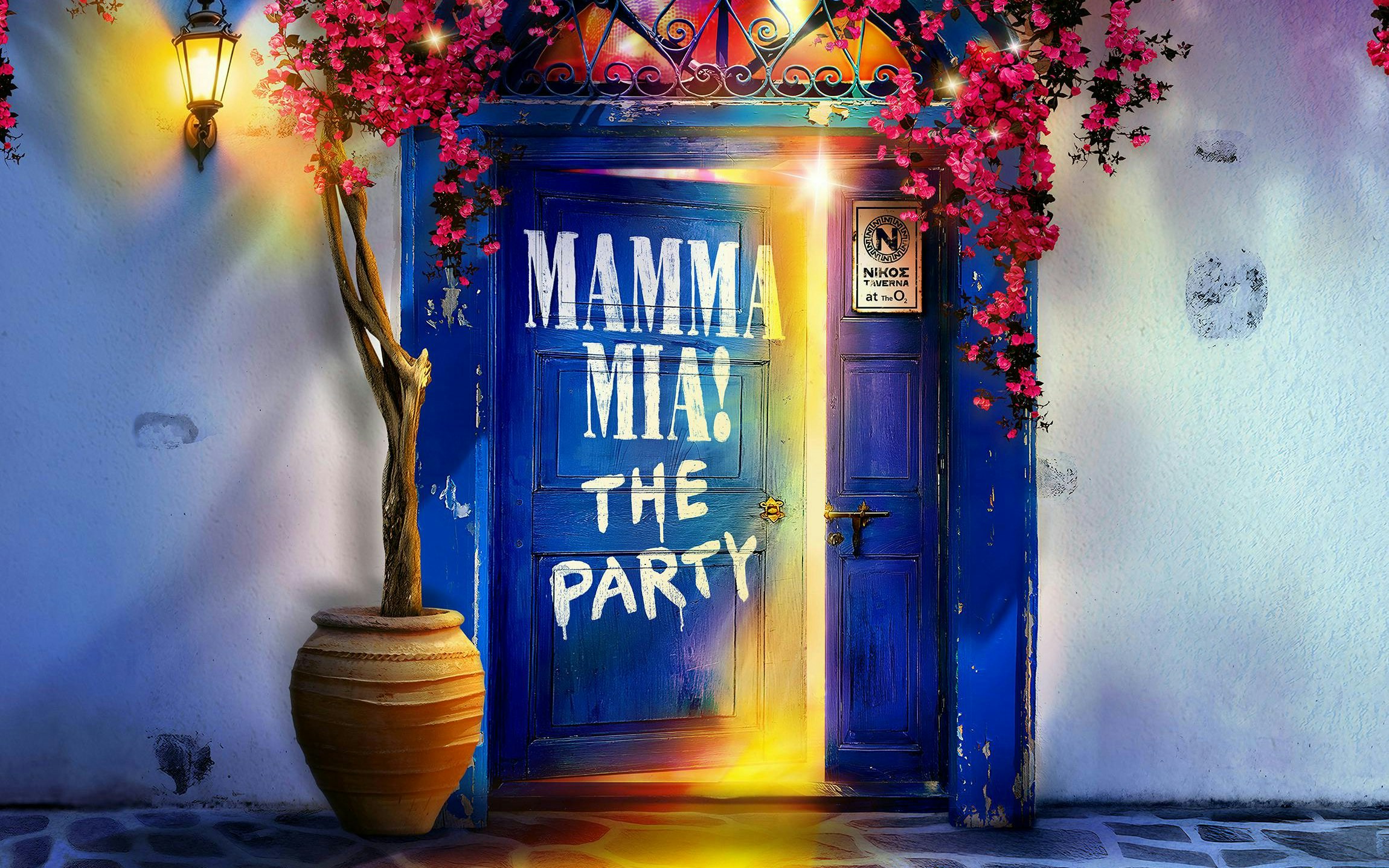 Blue door with "Mamma Mia! The Party" text, adorned with pink flowers, Westend.