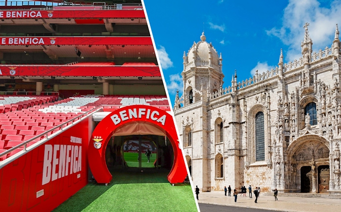 Benfica stadium entrance and Jerónimos Monastery facade in Lisbon.