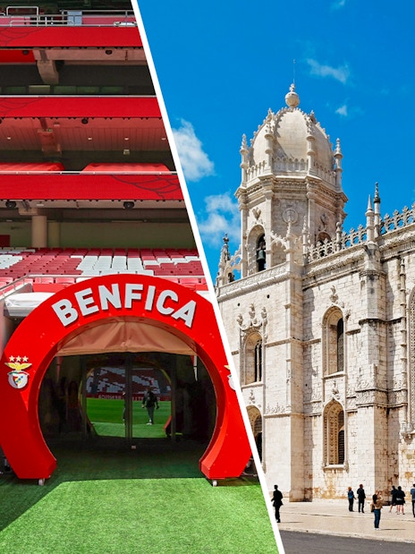 Benfica stadium entrance and Jerónimos Monastery facade in Lisbon.