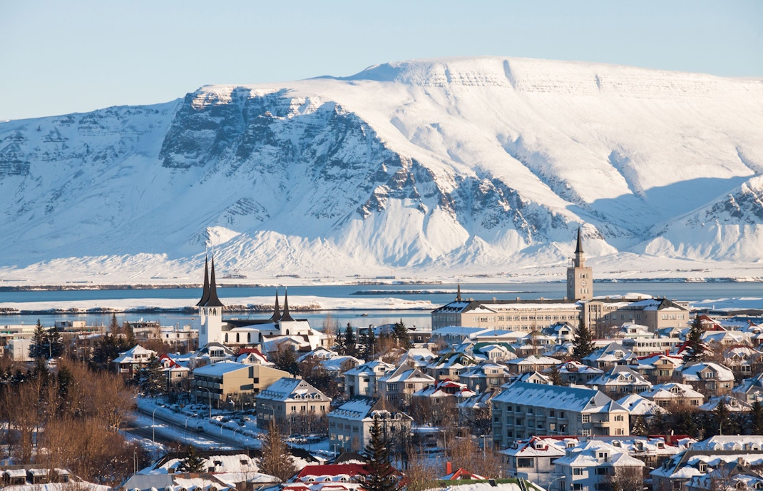 Reykjavik cityscape with Hallgrimskirkja church and colorful rooftops, Iceland.