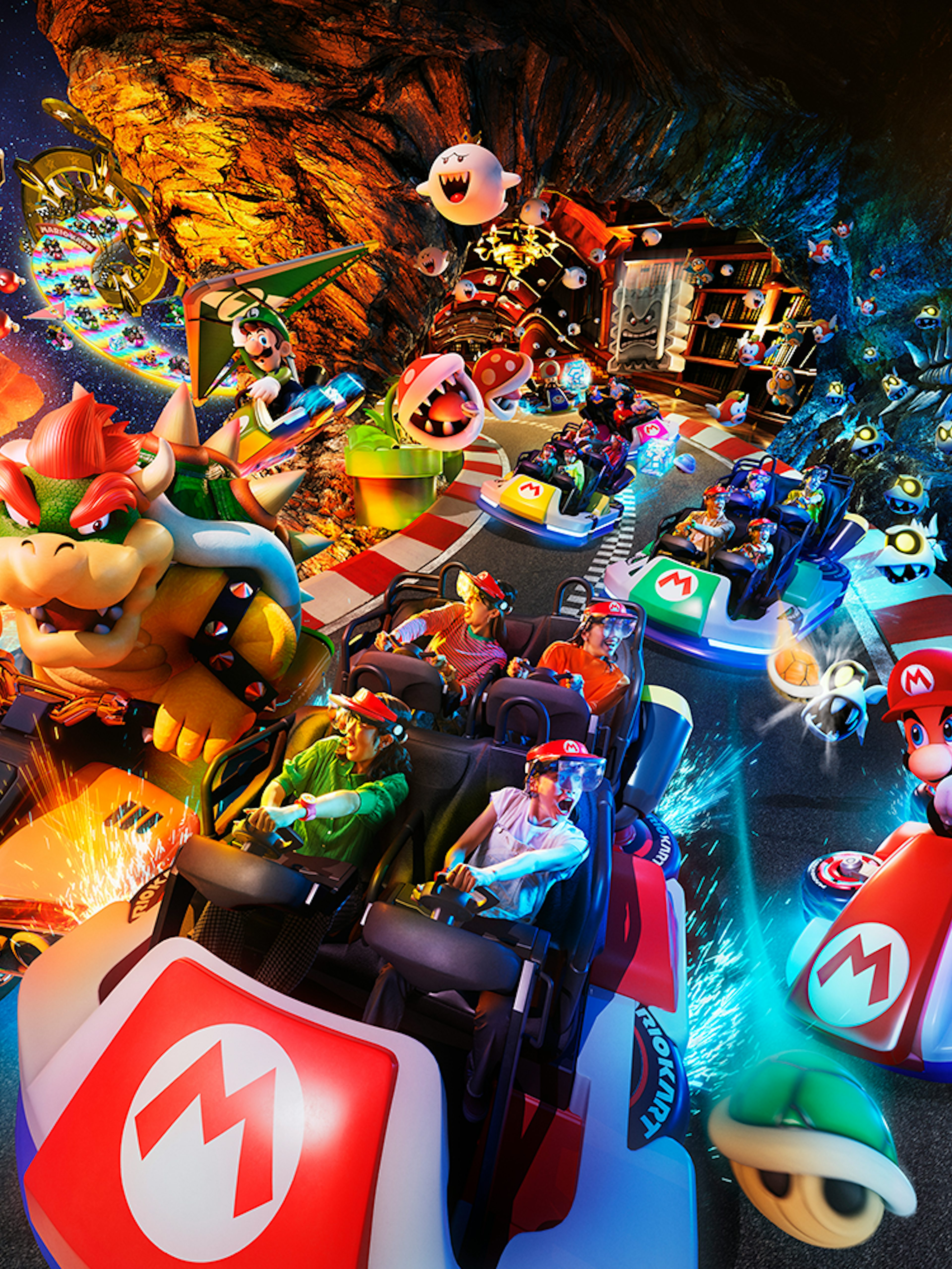Mario Kart ride with characters at Universal Studios Japan, featuring Bowser and Mario racing.
