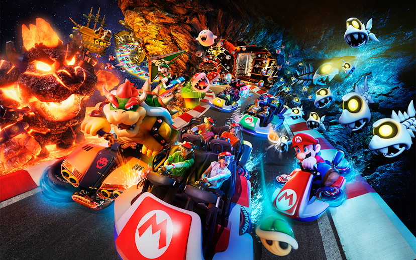 Mario Kart ride with characters at Universal Studios Japan, featuring Bowser and Mario racing.
