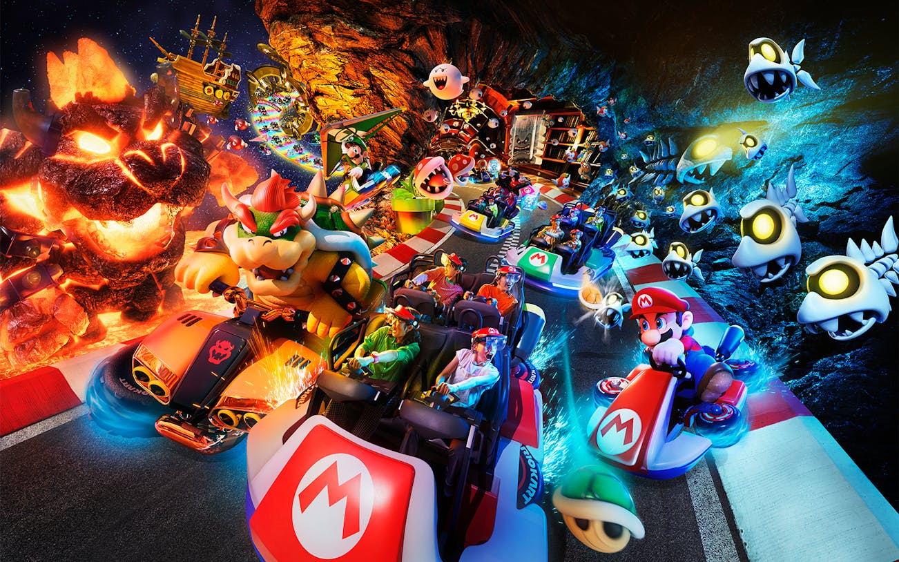 Mario Kart ride with characters at Universal Studios Japan, featuring Bowser and Mario racing.