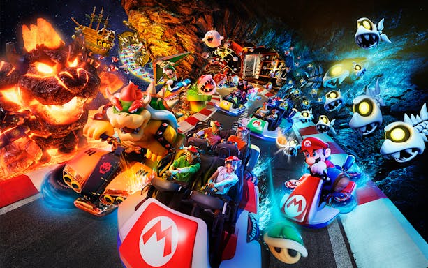 Mario Kart ride with characters at Universal Studios Japan, featuring Bowser and Mario racing.