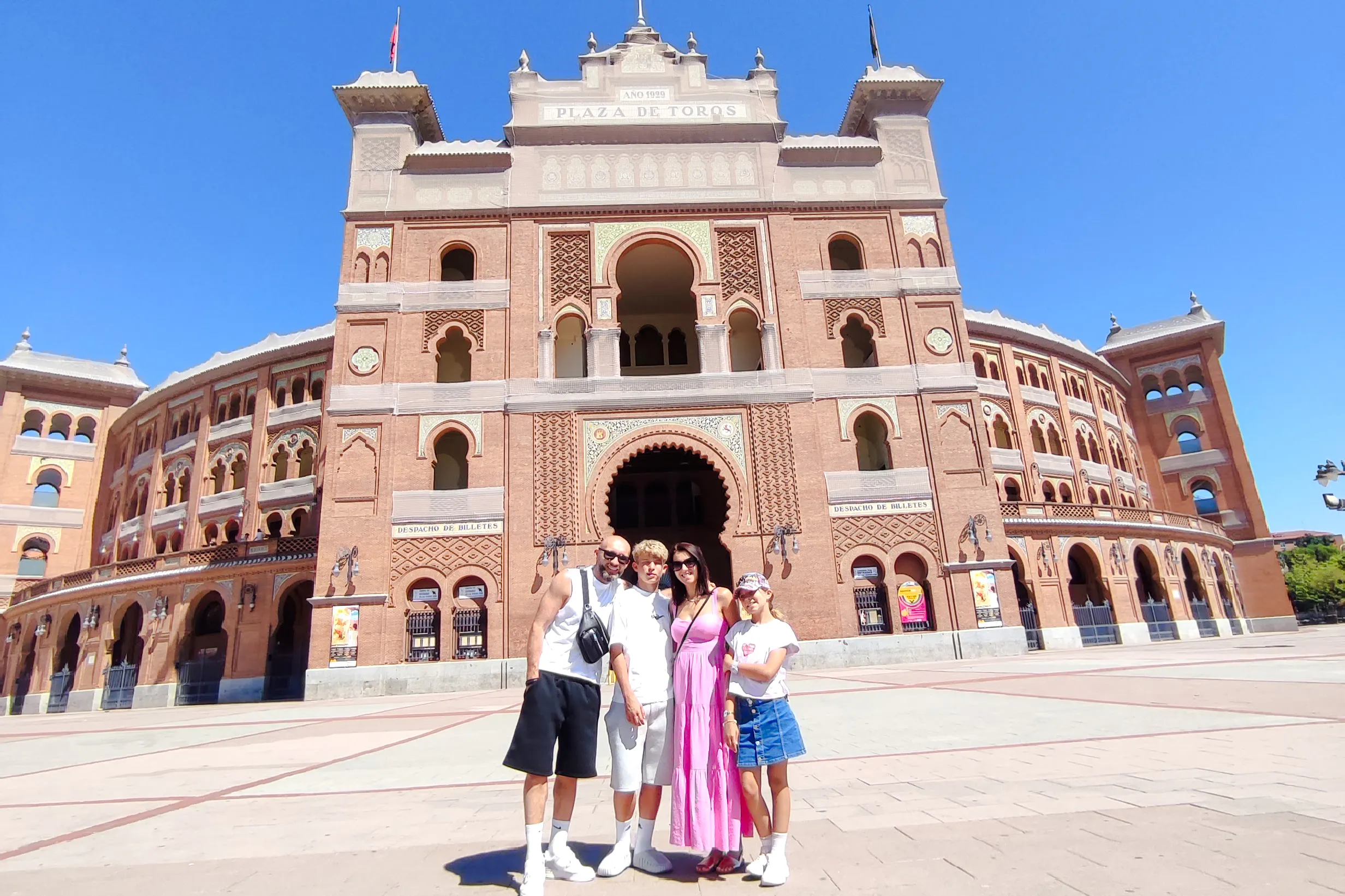 Group in front of Plaza de Toros, Madrid during a private 2-hour tour with local guide.