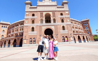 Group in front of Plaza de Toros, Madrid during a private 2-hour tour with local guide.
