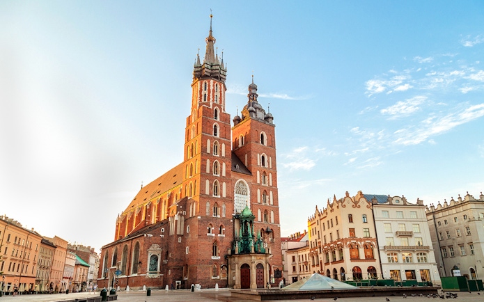 Saint Mary's Basilica in Krakow's Old Town at sunrise.