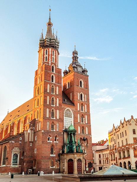 Saint Mary's Basilica in Krakow's Old Town at sunrise.