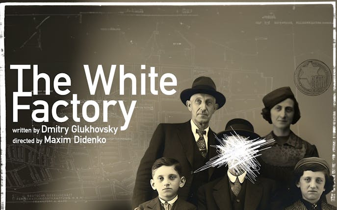 The White Factory" poster with vintage family photo and map background.