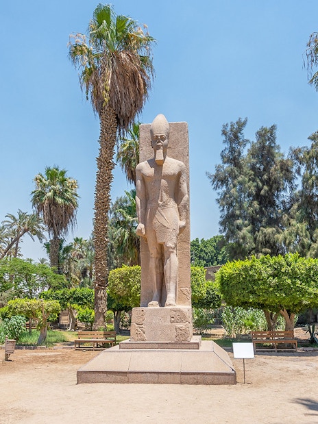 Statue of Ramses II surrounded by palm trees in Memphis, Egypt.