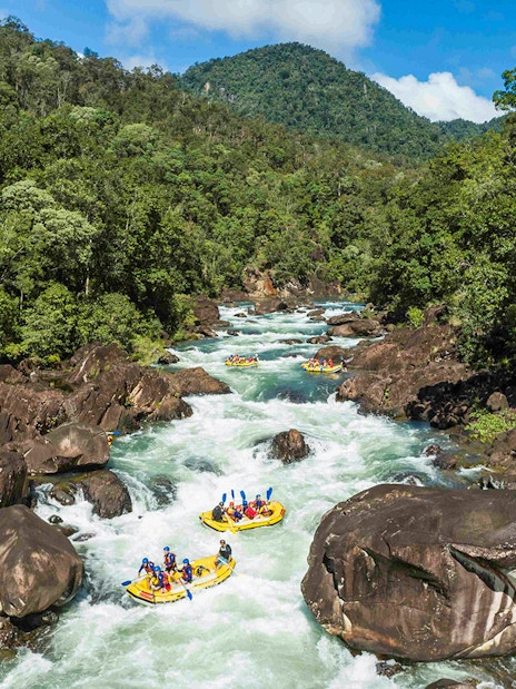 Rafting group navigating rapids on Barron River surrounded by lush forest.