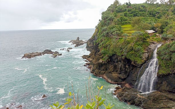 Coastal cliff with waterfall flowing into the ocean, lush greenery on the hillside, Tailor-Made Private Day Tour.