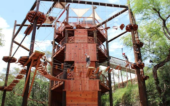 Adventure course with 18 obstacles, climbing wall, and 50-foot freefall in a wooded area.